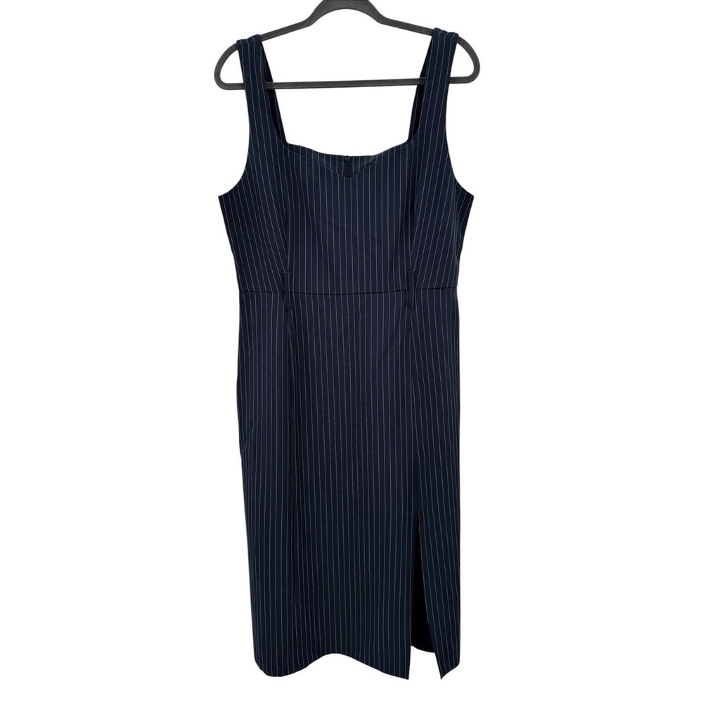 Banana Republic Midi Sheath Dress 12 Slit Sweetheart Blue Pinstripe Office Work